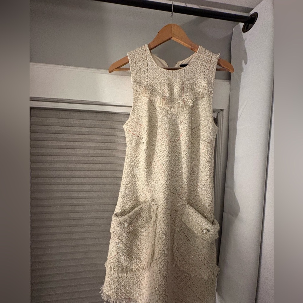 Cream Tweed Sleeveless Shift Dress with Fringe Trim - Picture 2 of 4